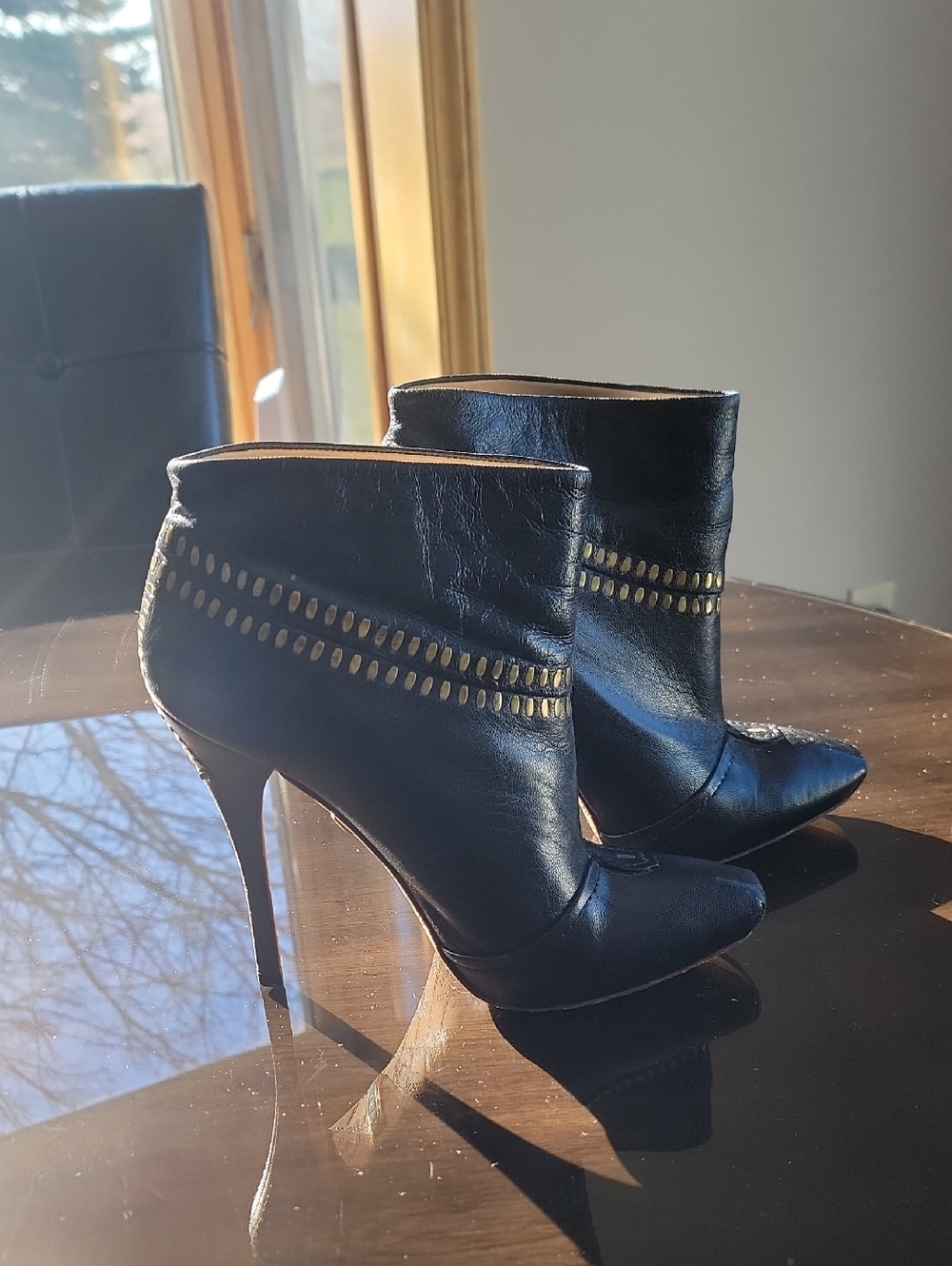 L.A.M.B. Women’s Black Leather Ankle Booties with Stud Detail